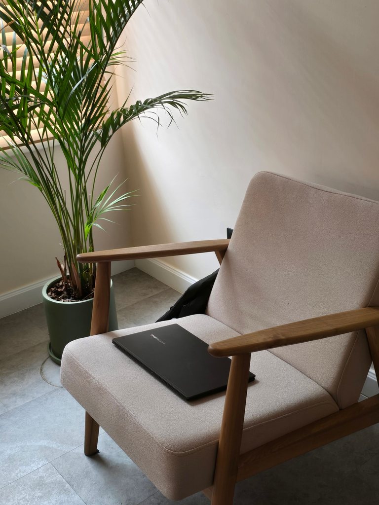 A light armchair with a closed laptop beside a green houseplant.